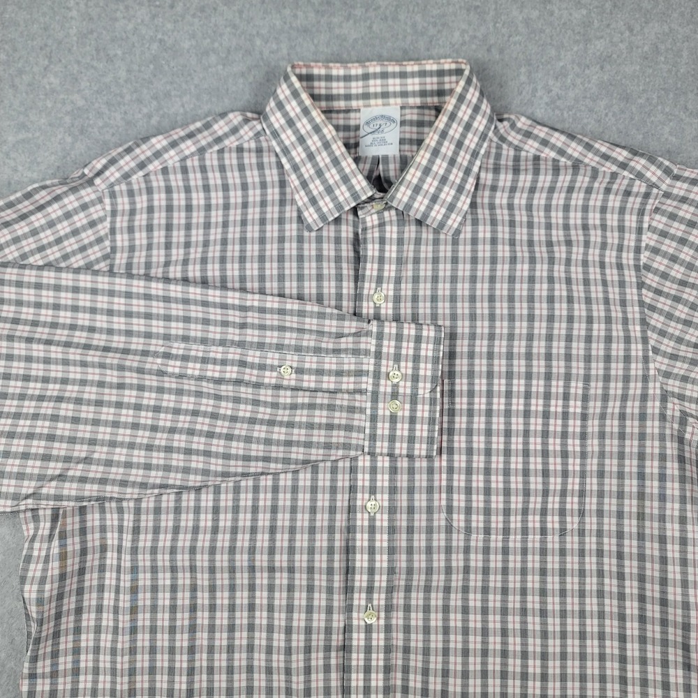 Brooks Brothers‎ 346 Slim Fit Dress Shirt Mens 17 36/37 Gray Red Check Non-Iron